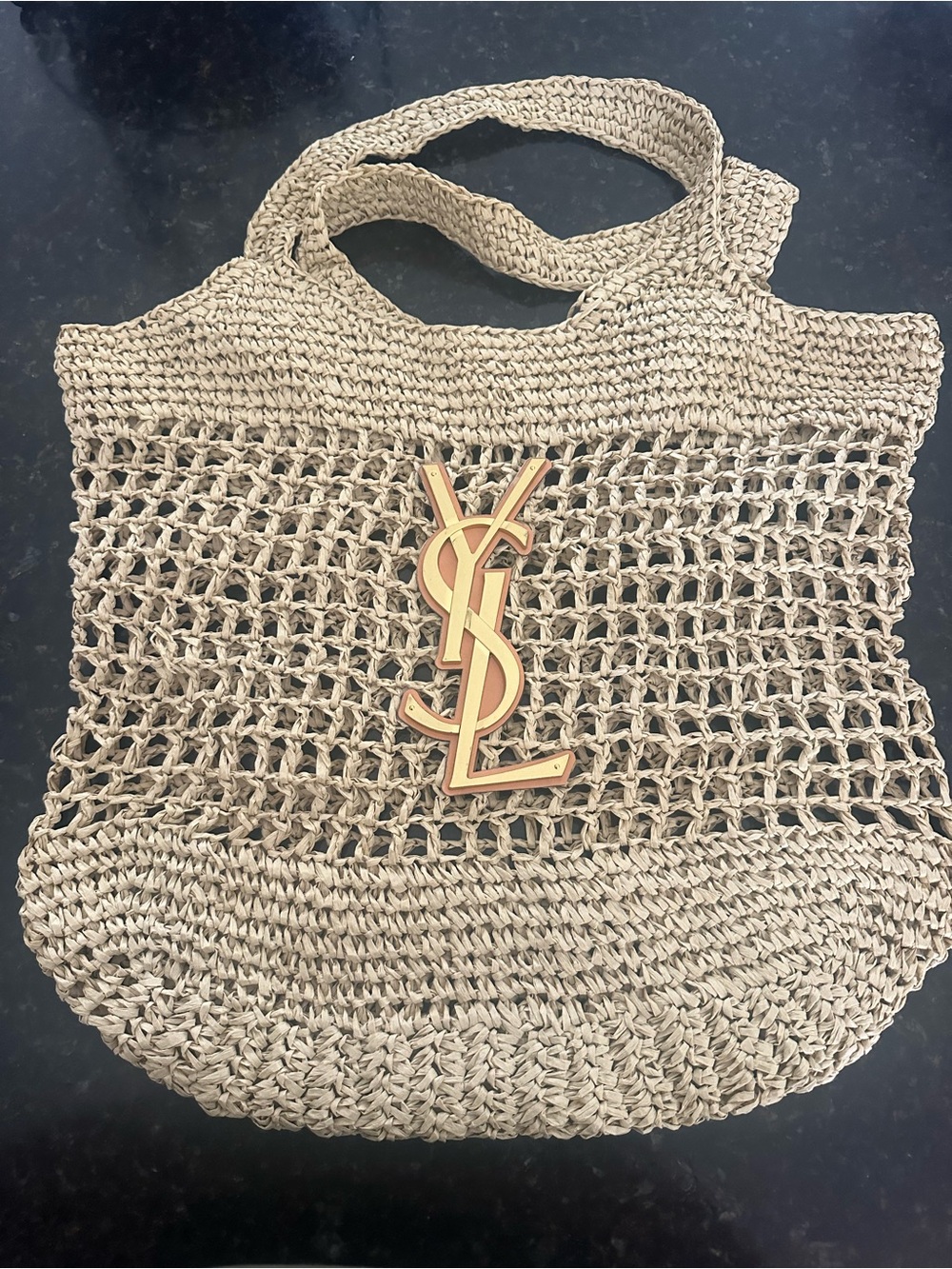Saint Laurent Natural Raffia Crochet Tote (like) with Gold YSL Emblem